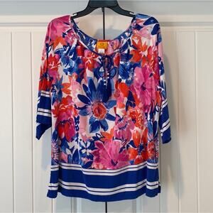 Women's Ruby Rd  Floral Keyhole Tie-neck  Blouse 3/4 sleeve Size Large